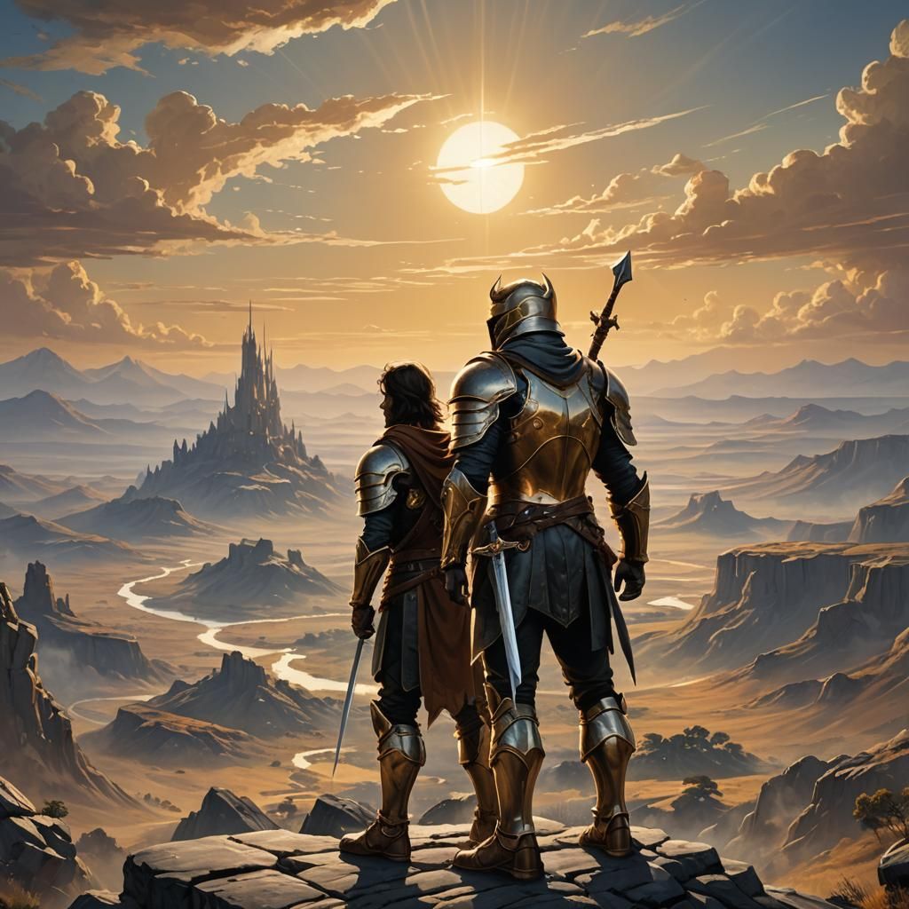Epic Fantasy Heroes Gaze at Vast Landscape