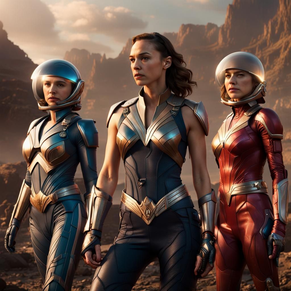 Gal Gadot, Larson, and Johansson as Space Rangers