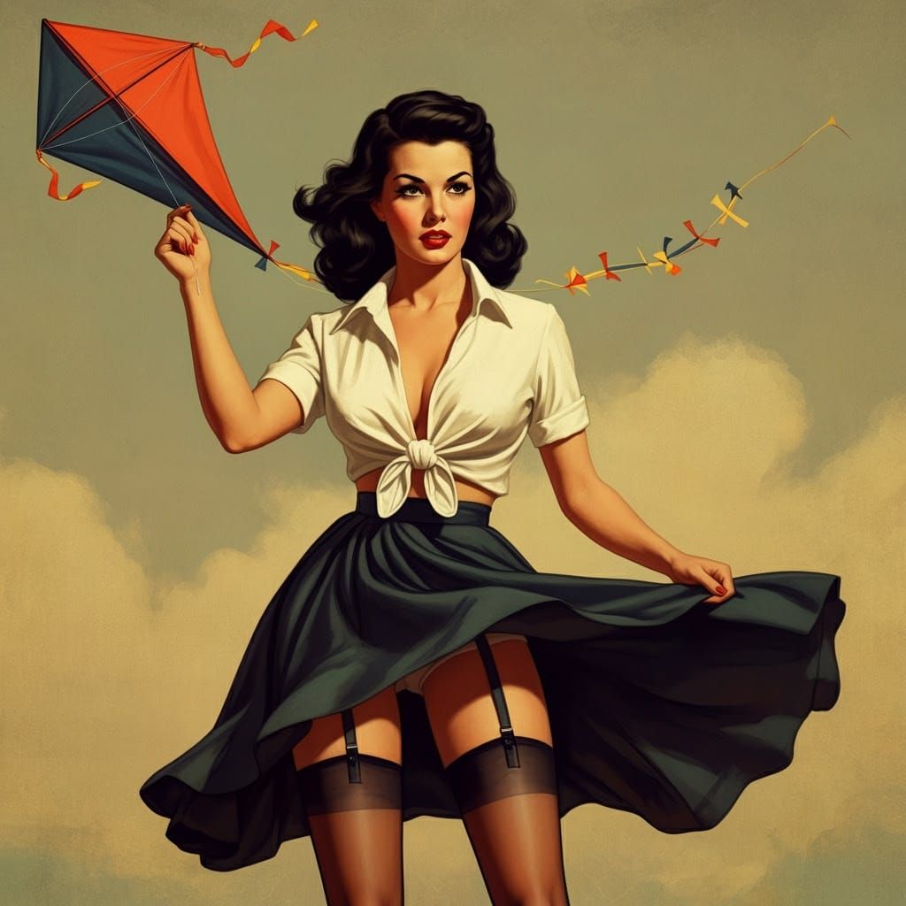Vintage Pin-Up Girl with Kite Illustration