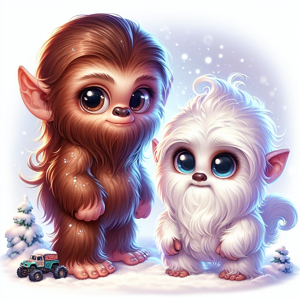 Cute Baby Sasquatch and Yeti Play in Snow