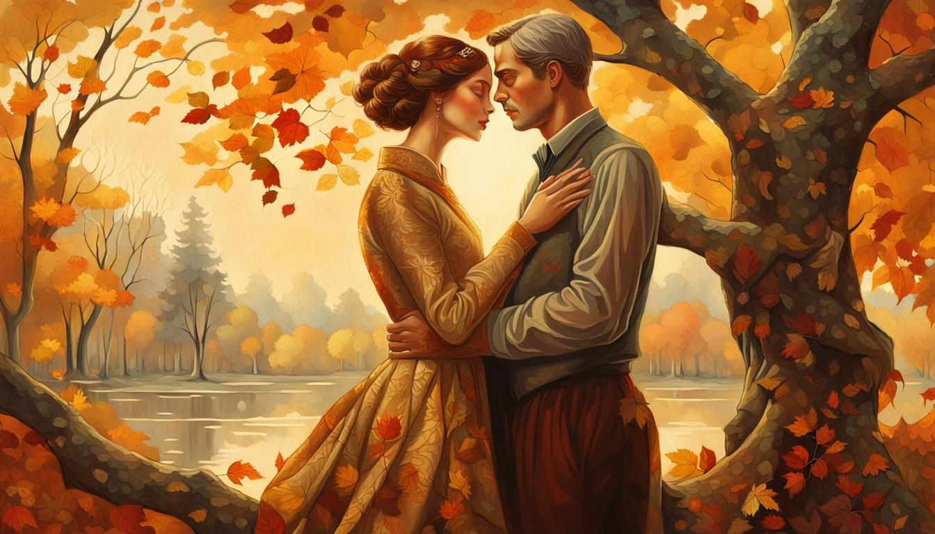 Autumnal Embrace in Golden Age Illustration Style