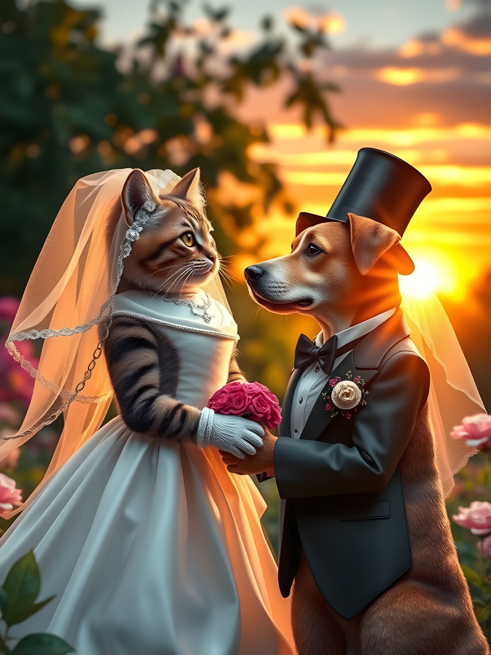 Whimsical Wedding Scene in a Sunset Garden