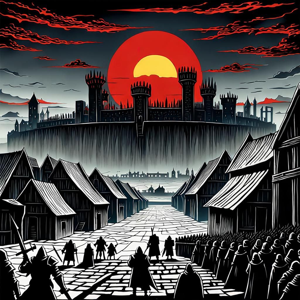 Dystopian Medieval City Under Ominous Sun, Dark Fantasy Art