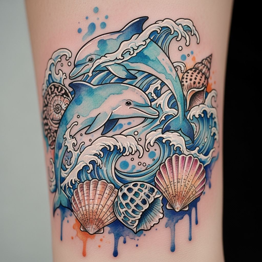 Dolphin, Wave, Seashell Tattoos in Watercolor and Ink