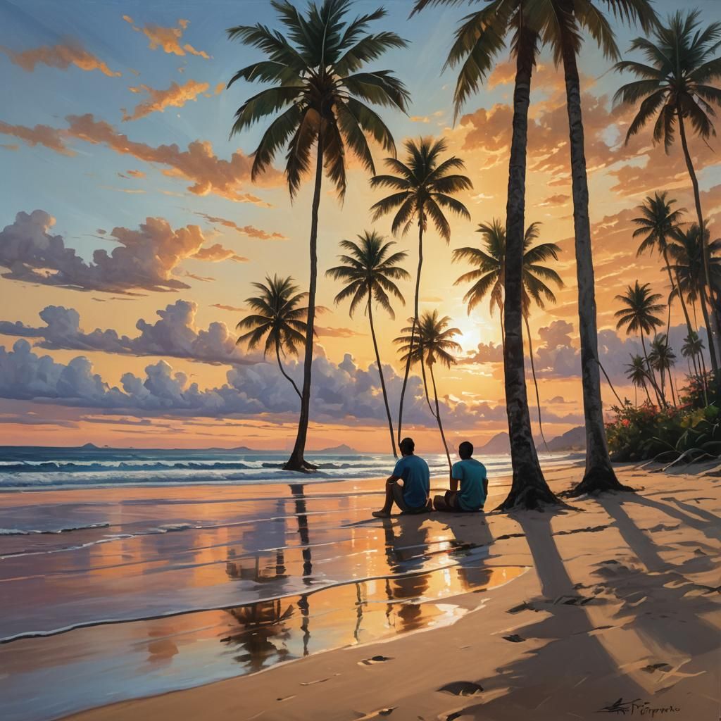 Sunset Beach Oil Painting in Ultra-Realistic Detail