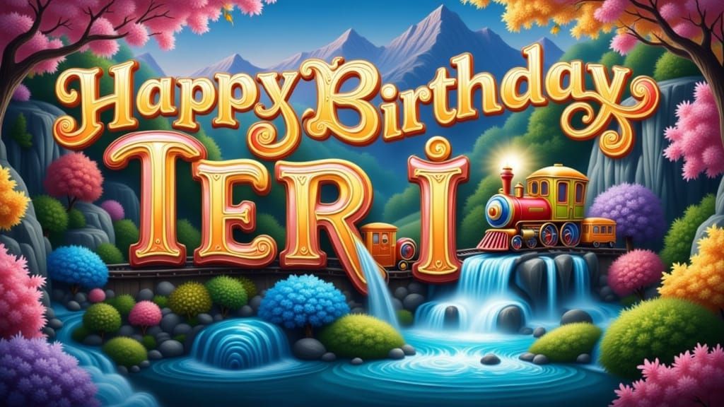 Happy Birthday Teri: Ornate Lettering with Train & Waterfall