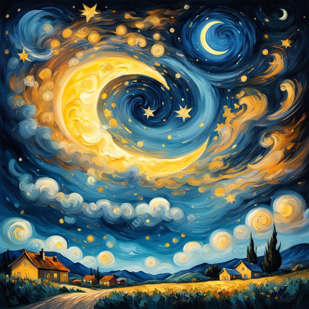 Village Under Starry Night Sky in Van Gogh Style