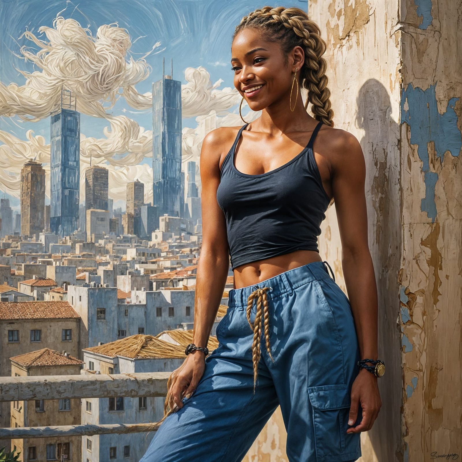 Confident Girl with Braids in Cityscape Oil Painting