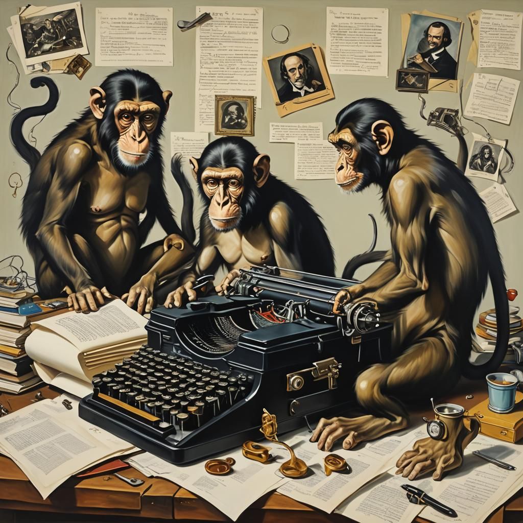 Surreal Monkeys Typing Shakespeare, Dali-esque Oil Painting