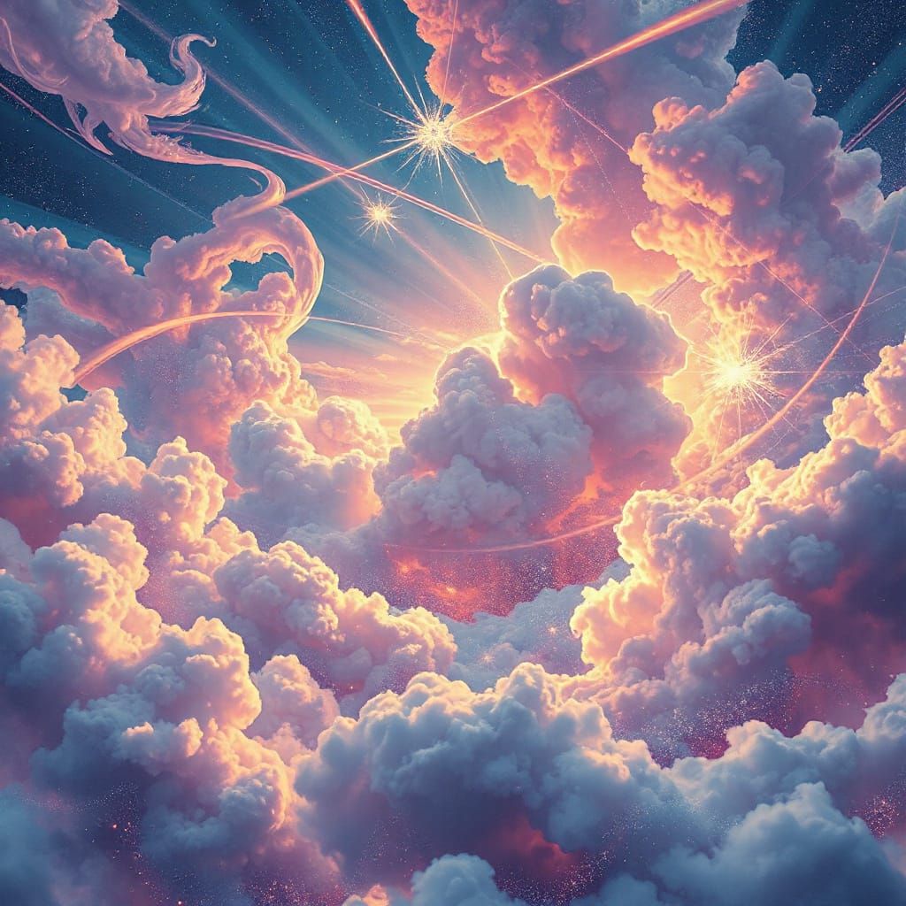 Surrealist Dreamscape with Swirling Clouds and Shimmering St...