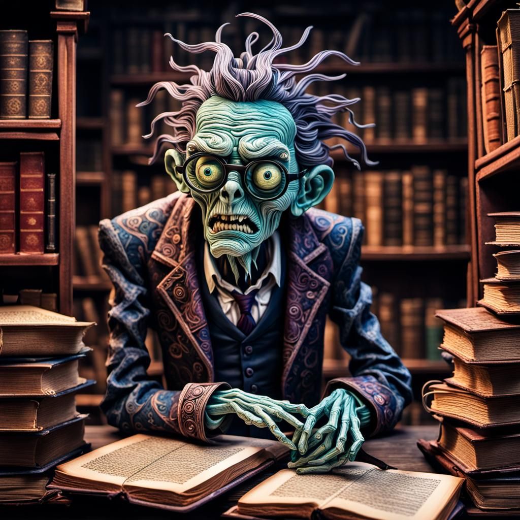 Surreal Zombie Librarian in Paper Quilling Style