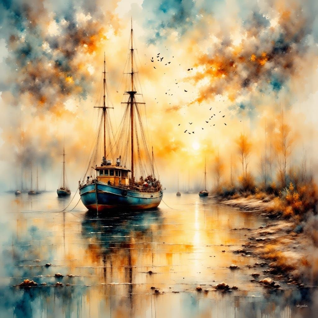 Fishing Boat at Dawn in Impressionistic Style