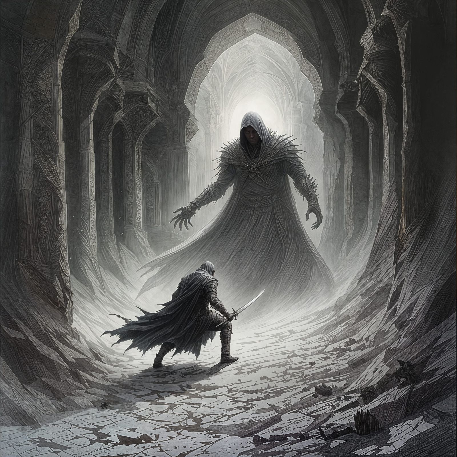 Dark Fantasy Assassin Confronts Shadow in a Sinister Temple