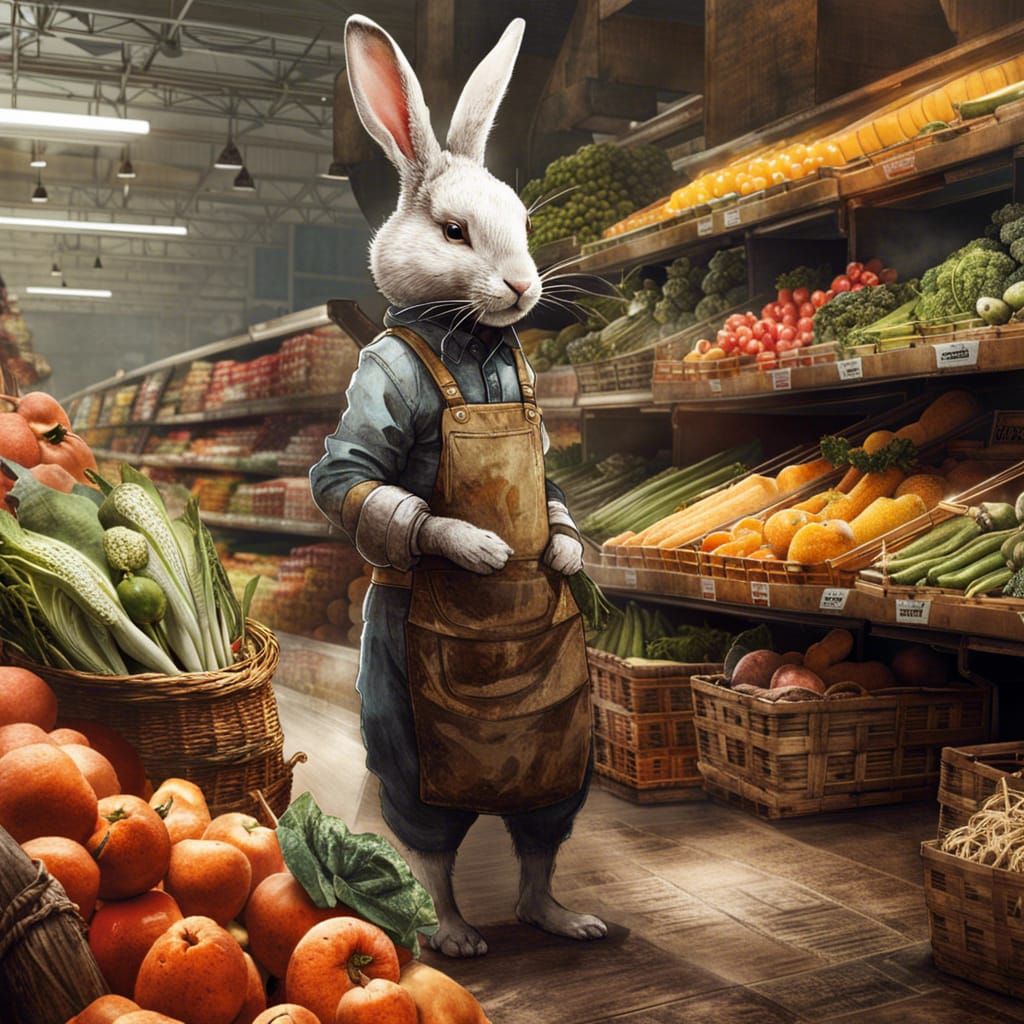 Mr. Rabbit working in the produce section