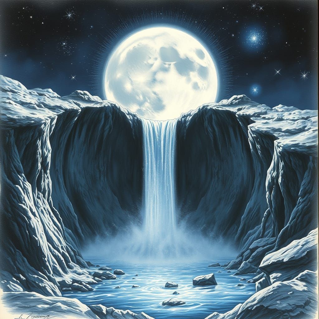 Lunar Waterfall in Realistic Fantasy Style