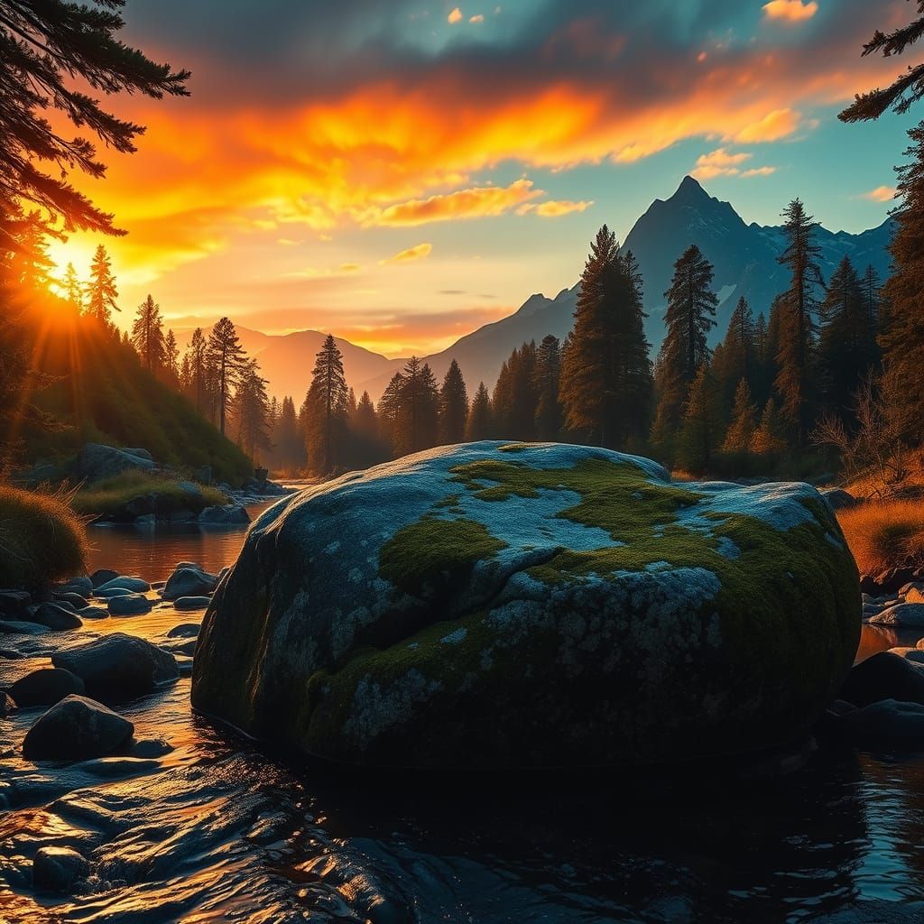 Lone Mossy Boulder by Babbling Brook Under Crimson Sky