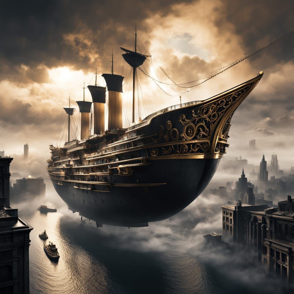 Majestic Black Marble Ship Soars Above Cityscape in Film Noi...