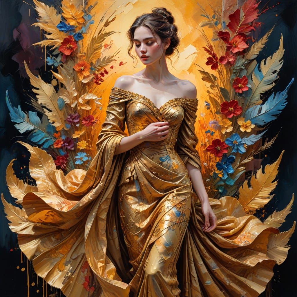 Epic Gouache Masterpiece: Opulent Fabric Layers in Golden Li...