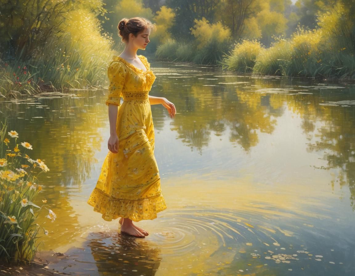 Victorian Woman by Lake: Impressionist Pointillism Portrait