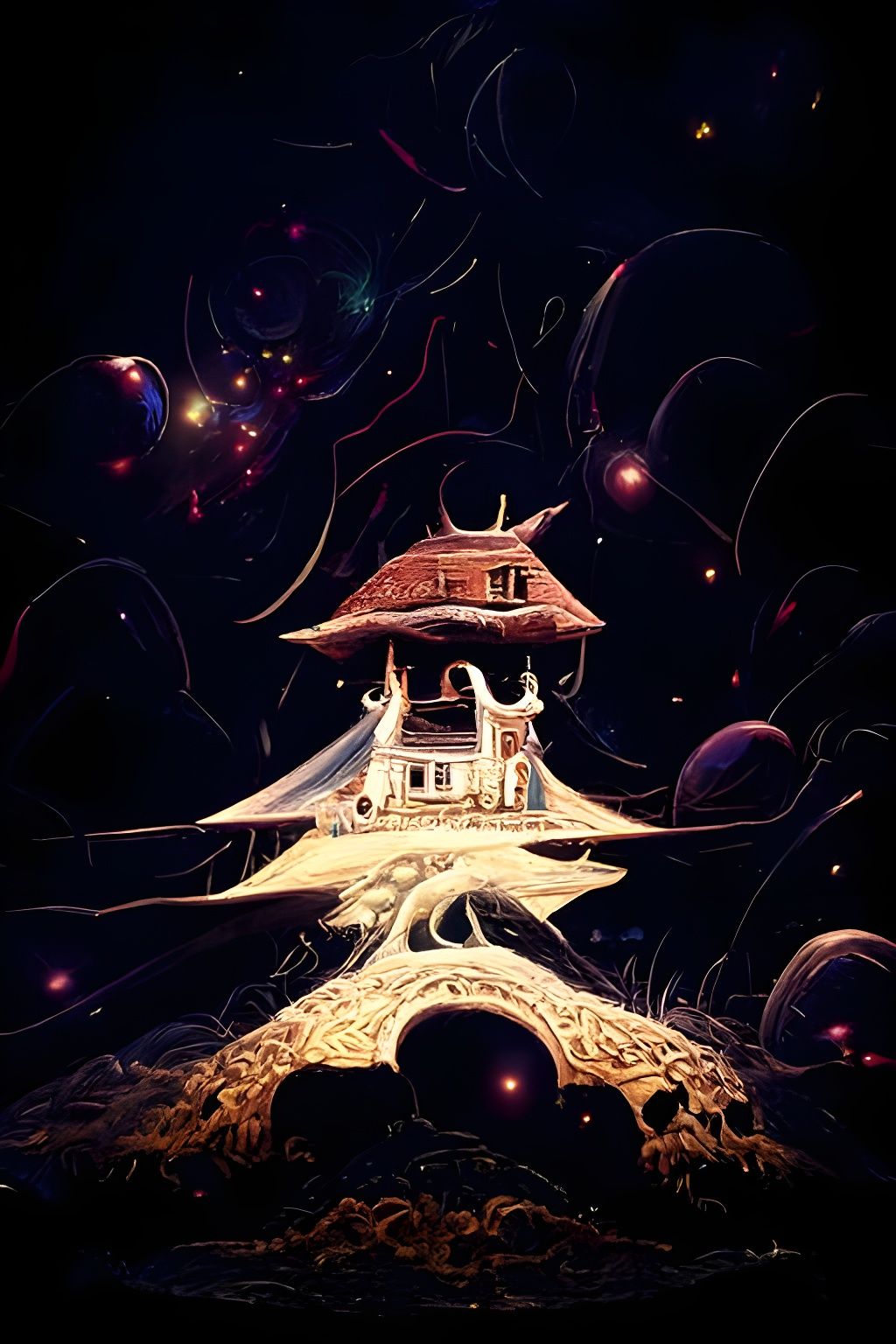 Wooden House in Psychedelic Sci-Fi Dreamscape