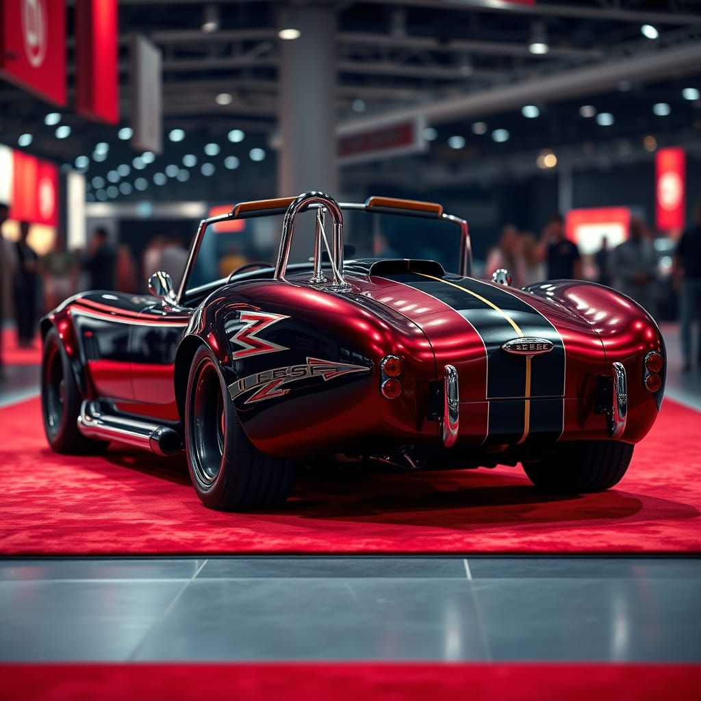 1967 Metallic Black Cherry Shelby Cobra with black Les Mans stripes and hood scoop, convertible. Sitting at a car show (...
