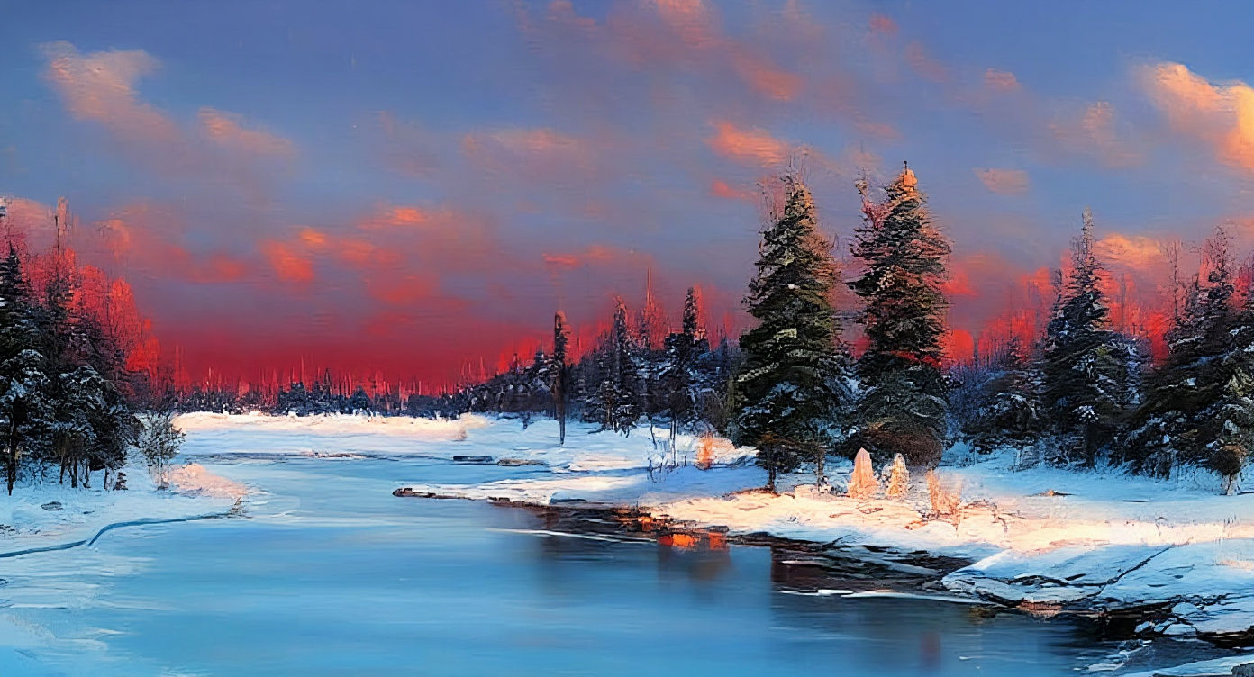 Snowy Winter River Landscape in Oil