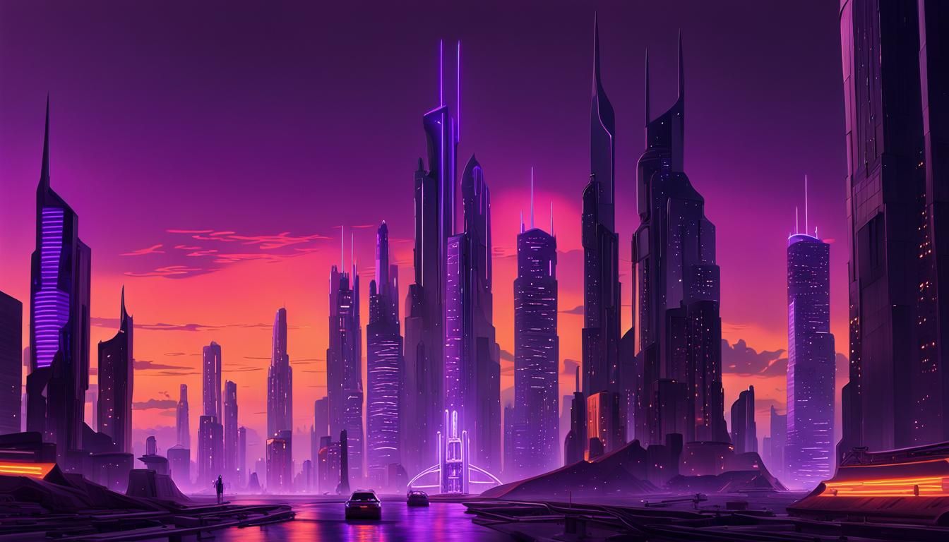Razor City: Hyperrealistic Neon Metropolis at Sunset