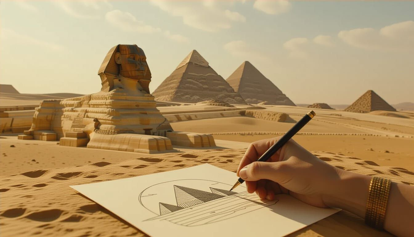 Cinematic Desert Landscape with Artist Sketching Pyramids