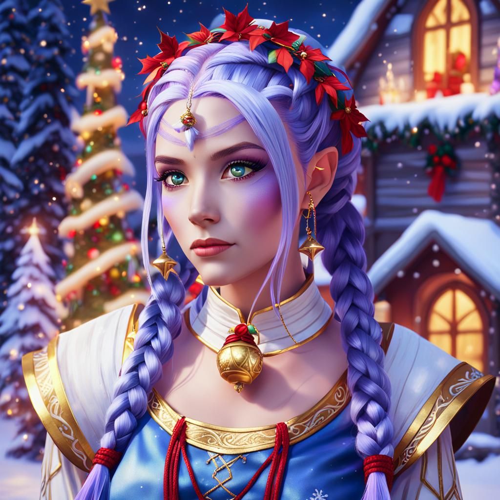 Nightelf Priestess in Christmas Scene, Watercolor Style