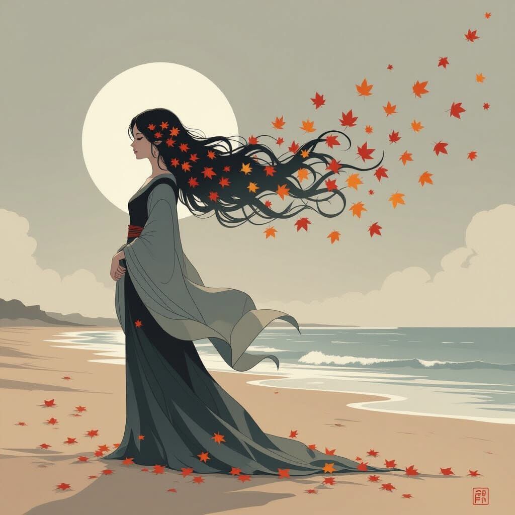 Ethereal Woman Illustration on Autumn Beach