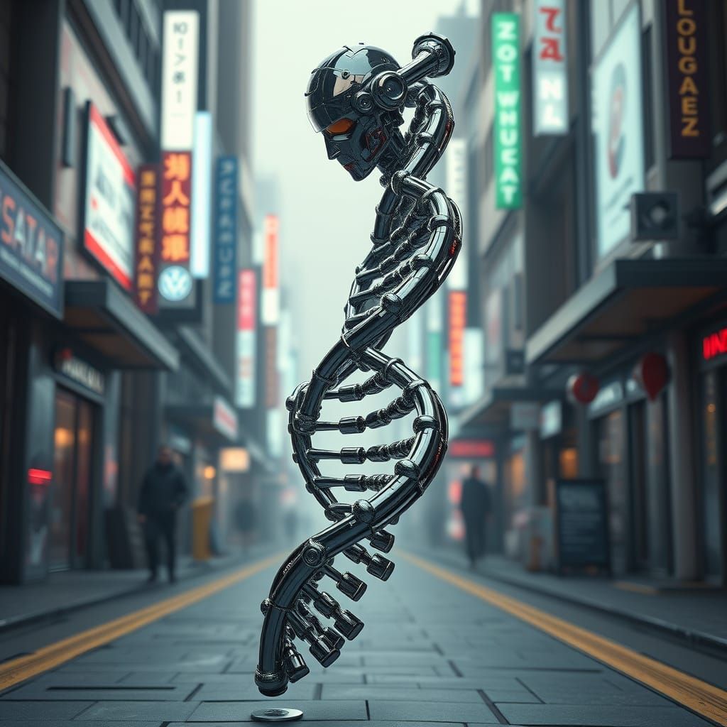 DNA Man Walks on Futuristic Street in Sci-Fi Style