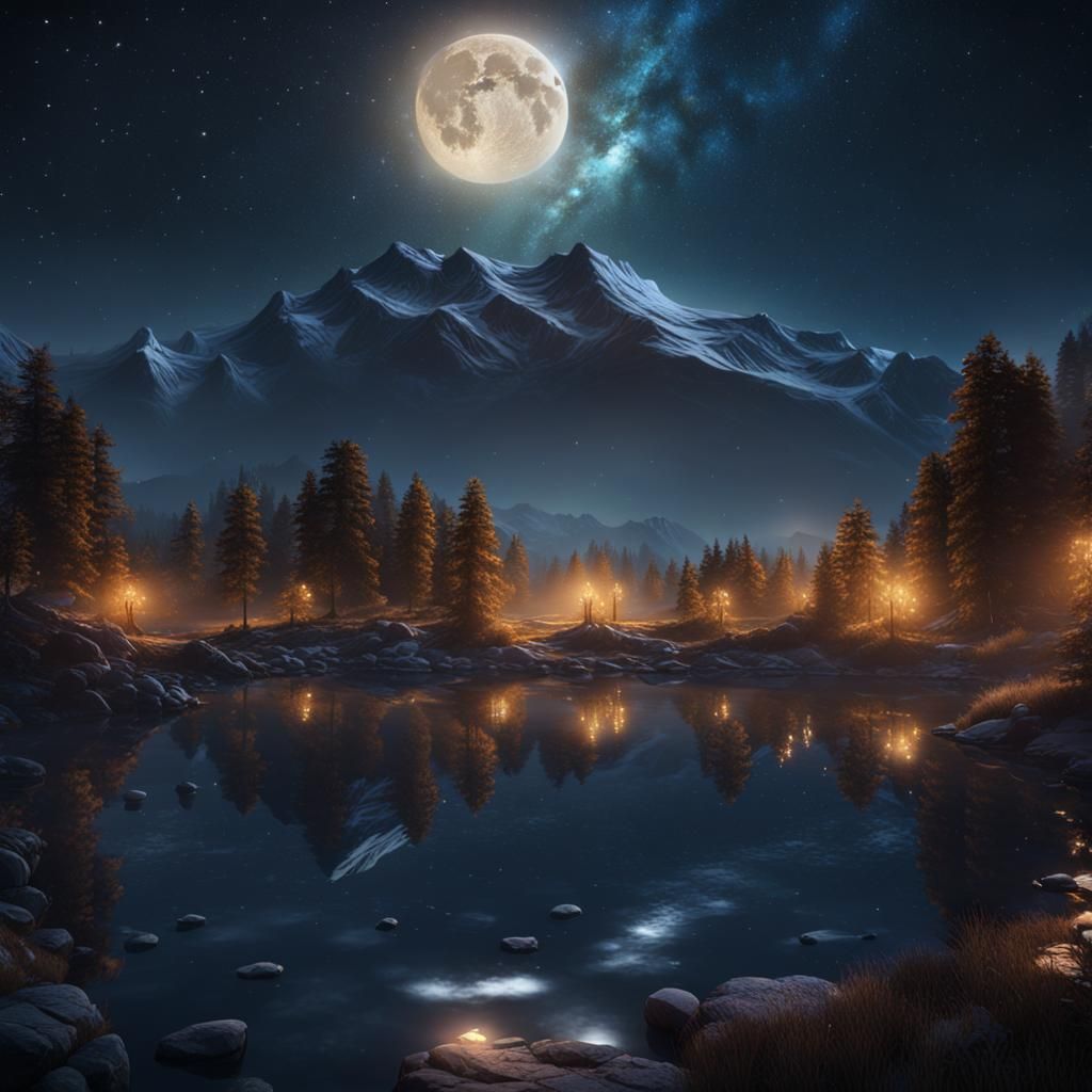 Night Lake Under Stars: Fantasy Concept Art
