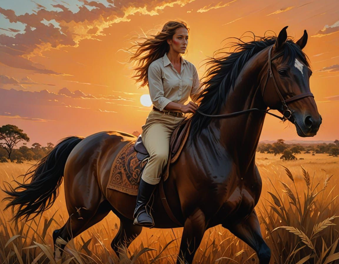 Woman Riding Stallion Through Golden Savanna at Sunset