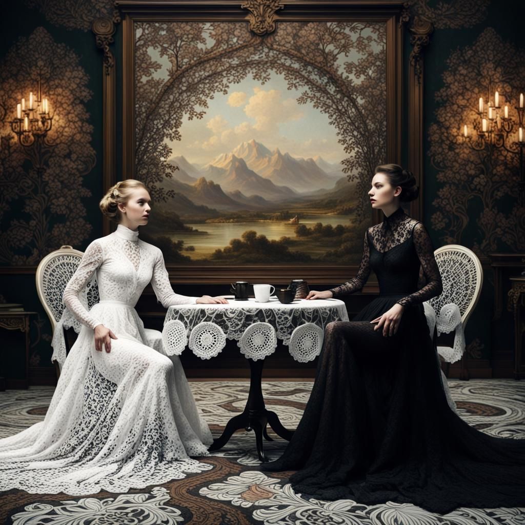 Two Women in Black Lace: Detailed Matte Painting