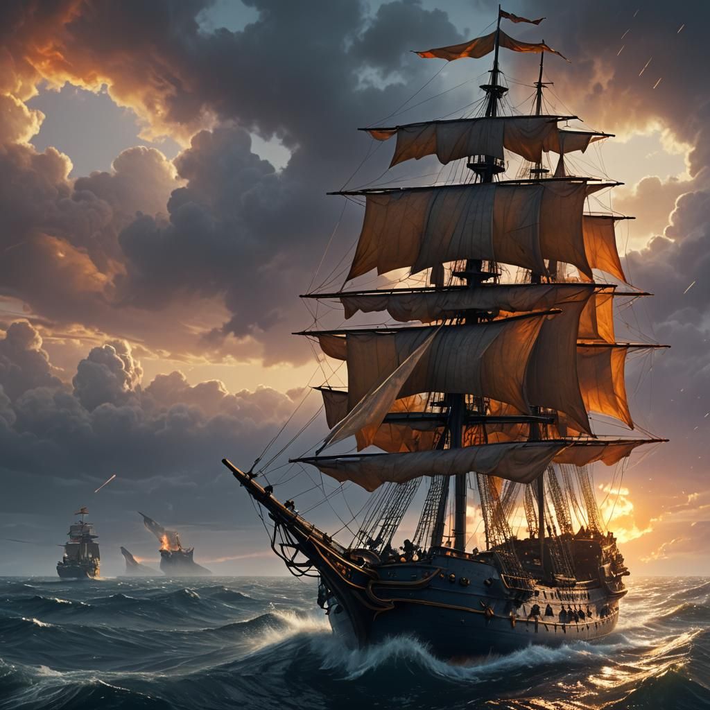 Solitary Warship Sails Through Misty Open Sea