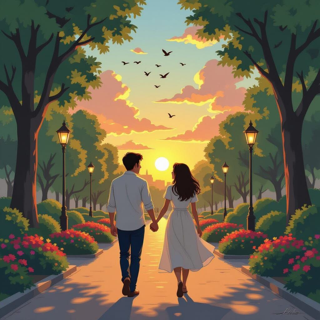 Couple's Sunset Stroll in a Vibrant City Park