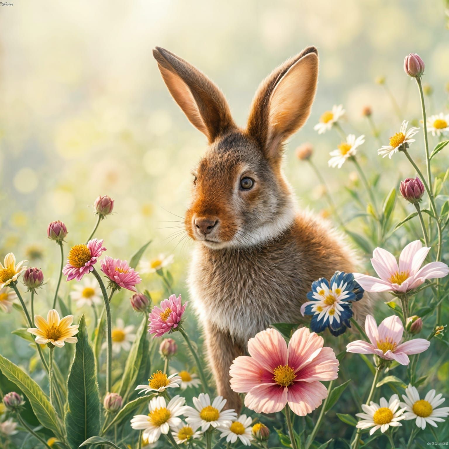Whimsical Rabbit in a Blooming Meadow, in the Style of Art N...