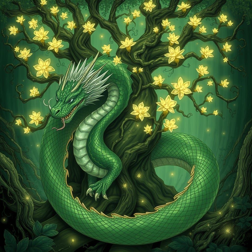 Jade Dragon in Emerald Valley, Art Nouveau Style