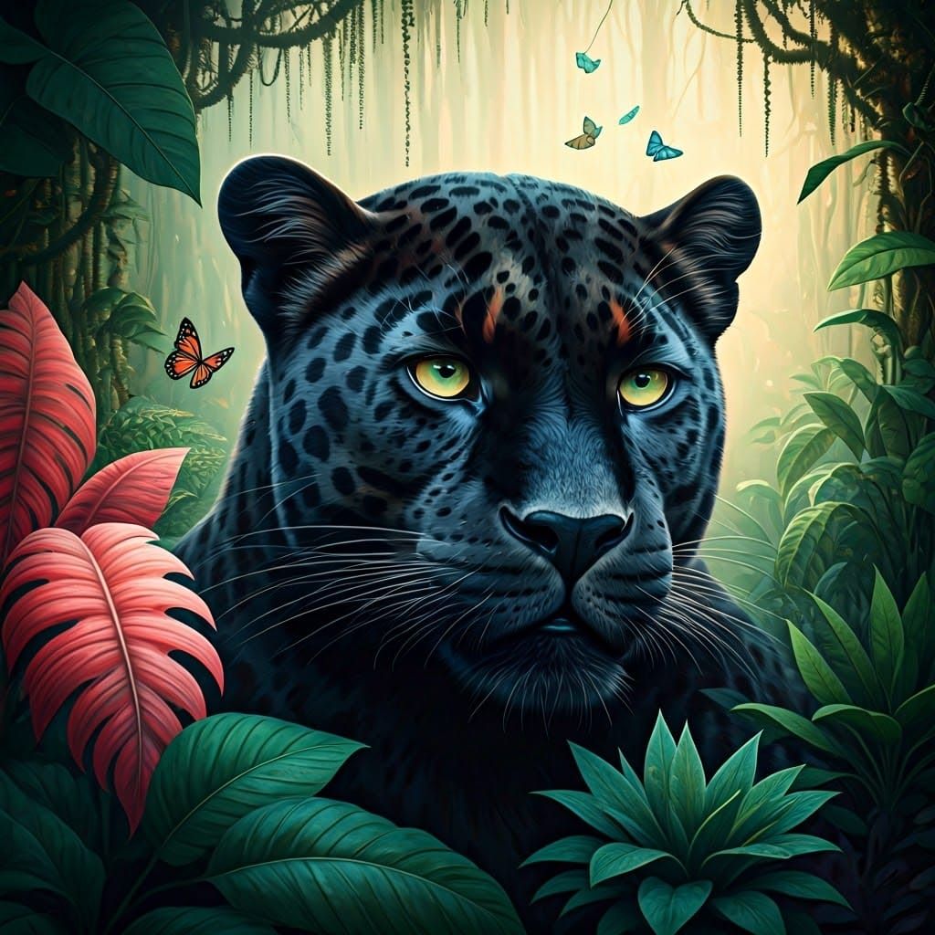 Black Panther in Rainforest: Ink and Watercolor Art