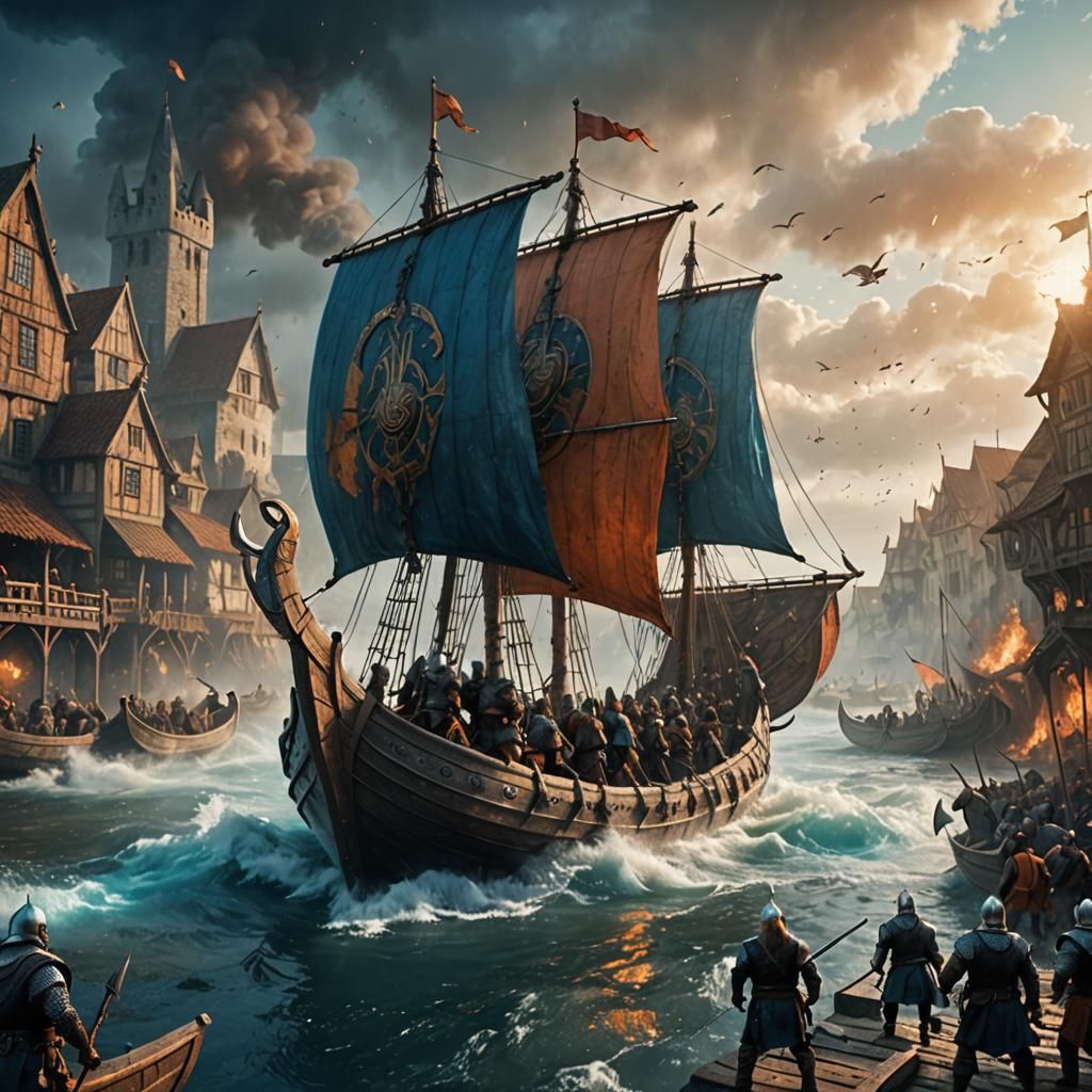 Viking Ship Assault on English Town in 3D