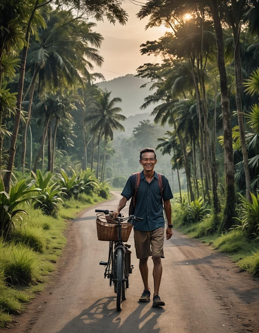 Indonesian Man Walks Village Path at Twilight: Cinematic