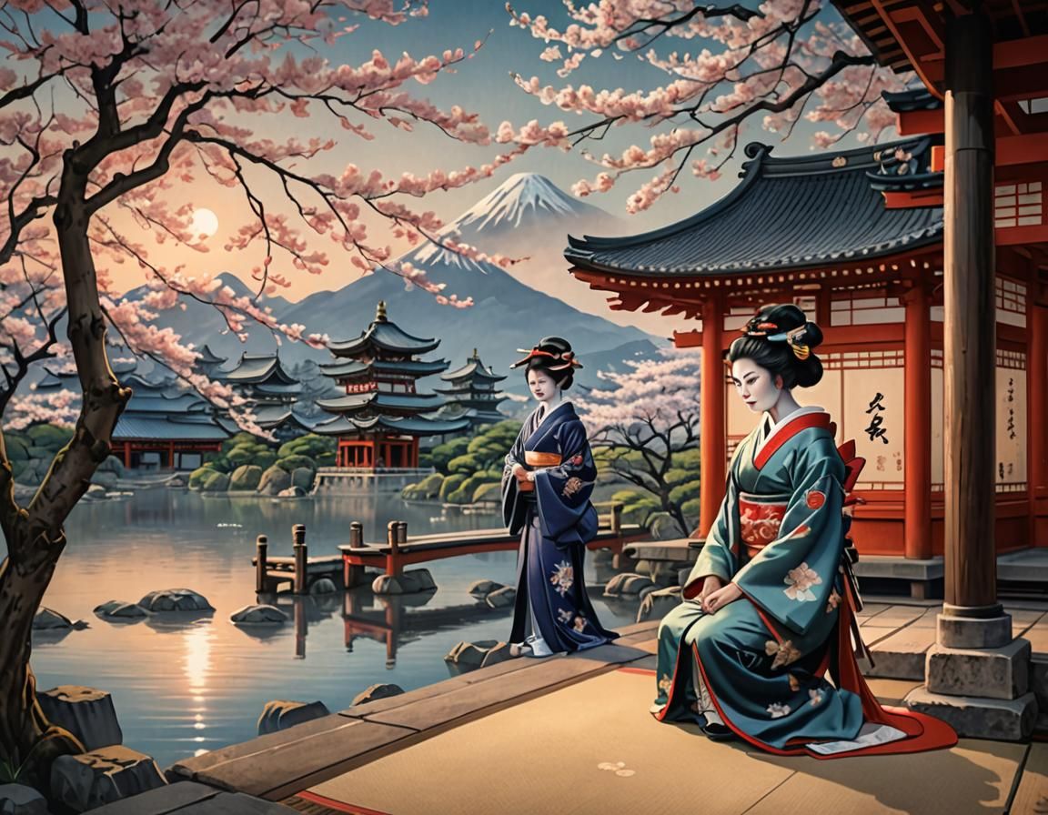 Geisha Kneeling Before Altar in Edo Shogunate