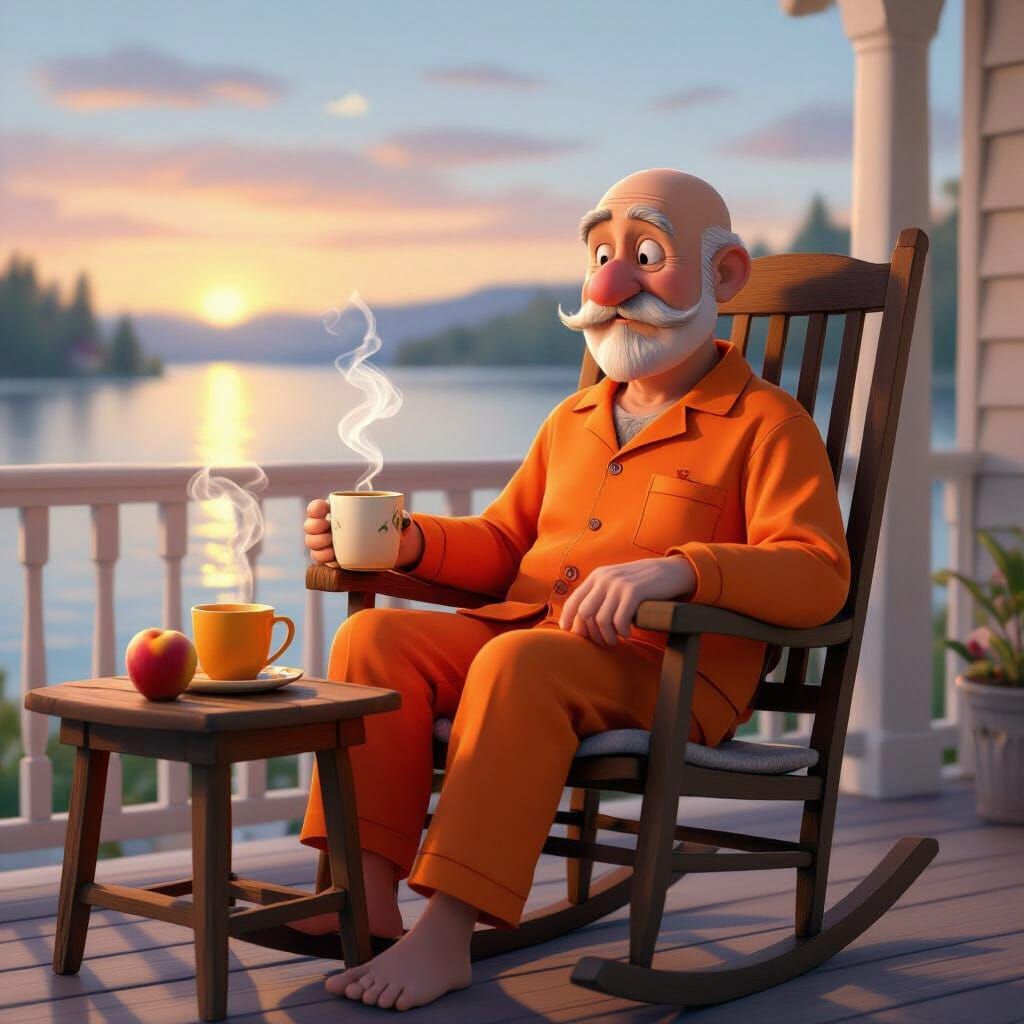 Elderly Man on Porch at Dawn, Pixar Style