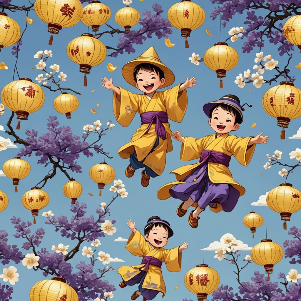 Floating Cartoon Boy in Traditional Chinese Art