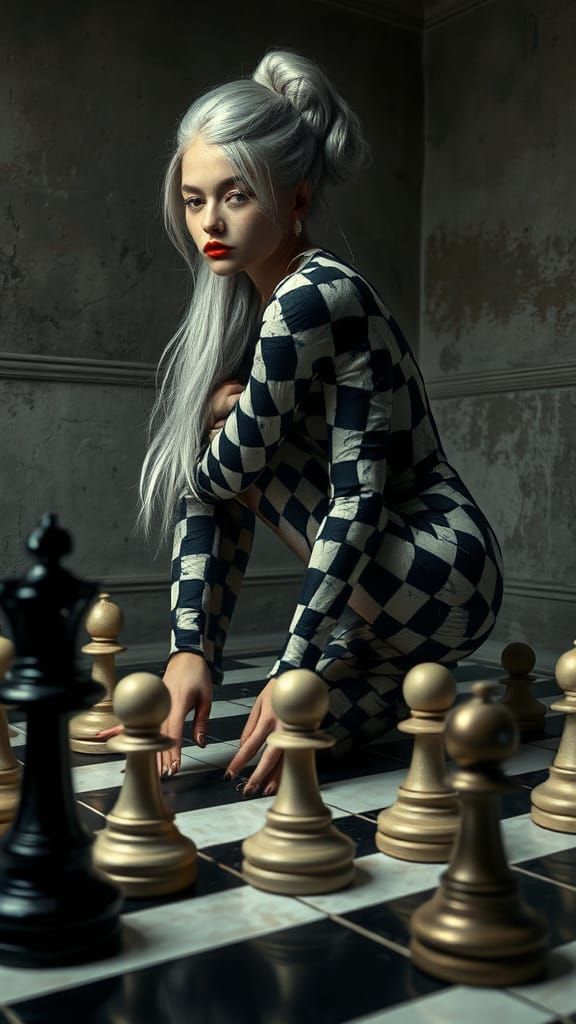 Surreal Figure on Chessboard in Art Nouveau Style