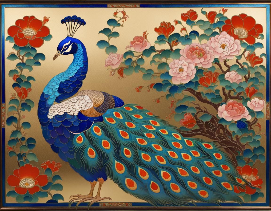 Peacock and Flowers in Cloisonné Style