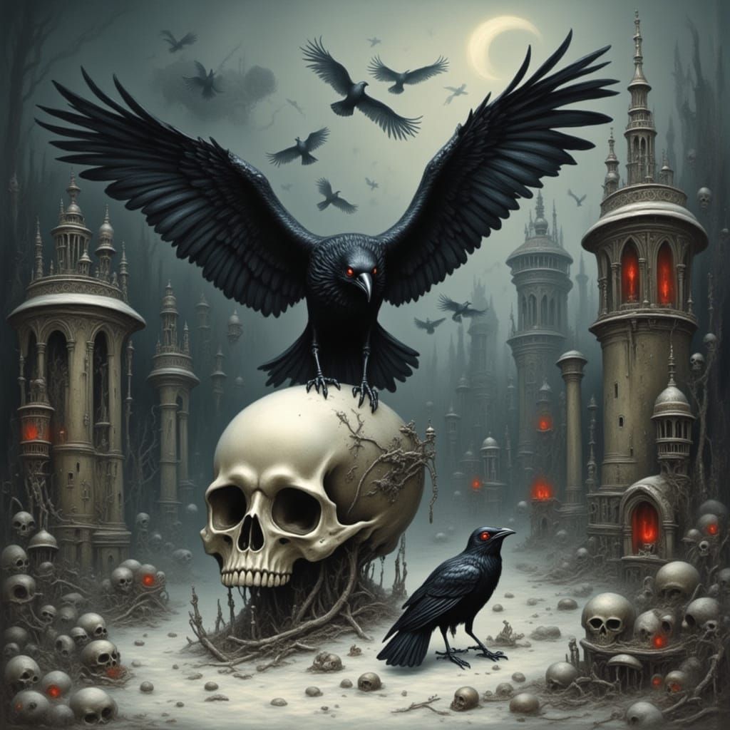 Murder of Crows Over Gothic Ruins