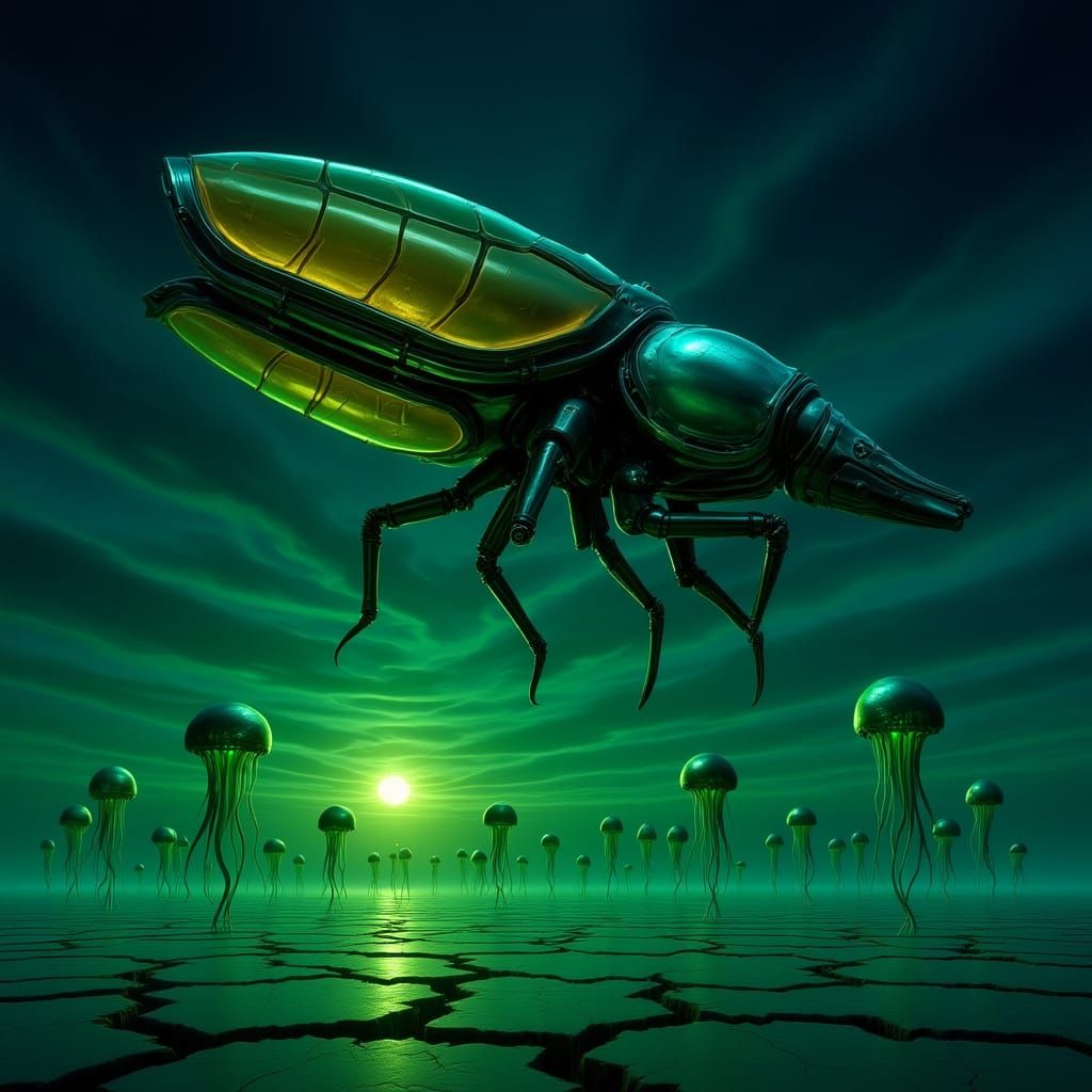 Biomechanical Mantis War Machine Over Salt Flat