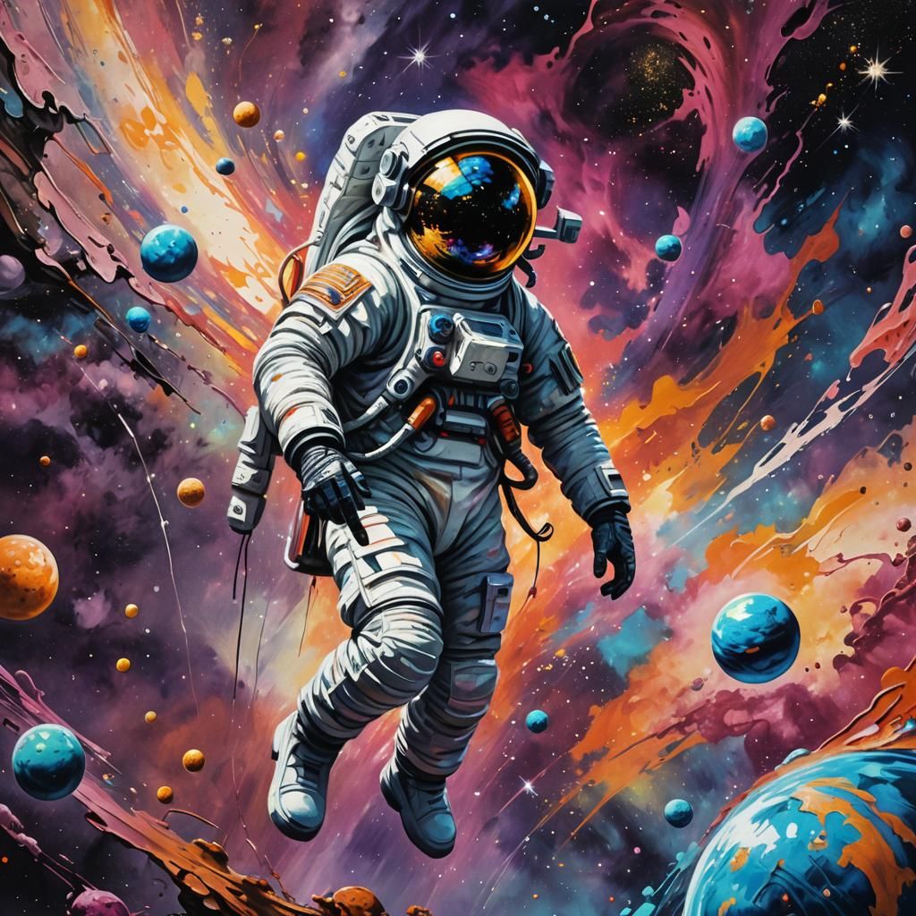 Cosmic Astronaut in Vibrant Space Graffiti