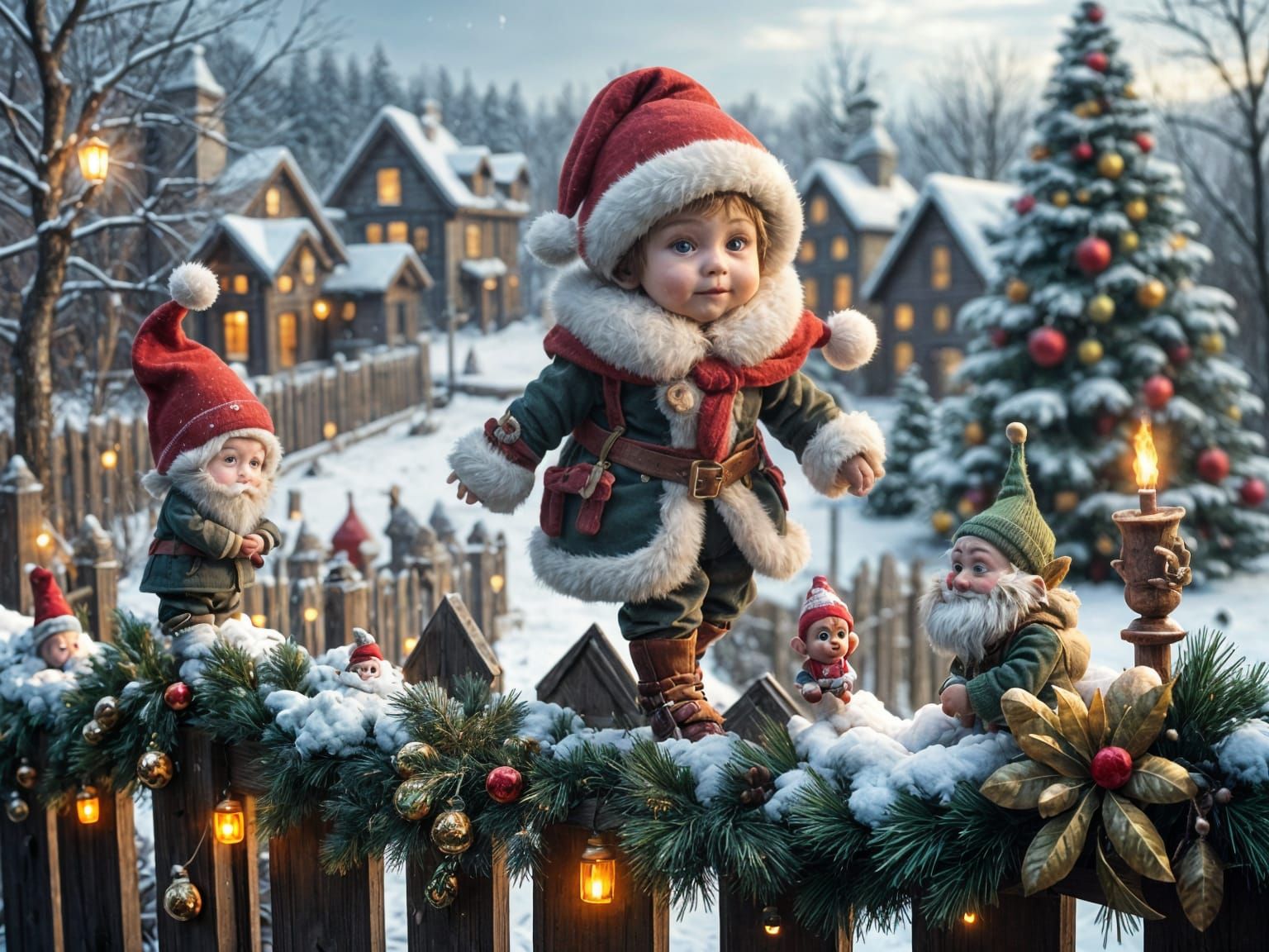 Toddler Boy Walks Fence with Gnomes in Christmas Wonderland